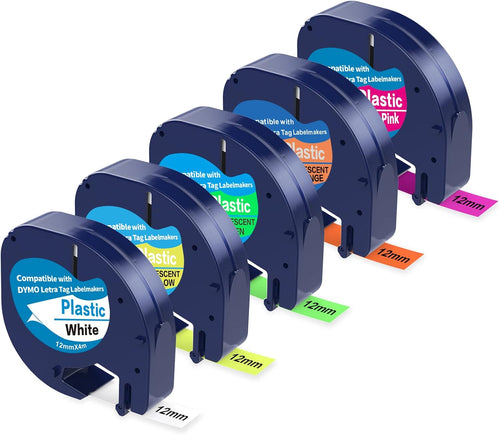 5 Pack Compatible with Dymo Letratag Refills Replacement for Dymo Label Maker Refills 12mm x 4m(1/2" x 13') Colored Plastic Label Tape for Letra Tag LT 100H 100T QX50 Handheld Label Maker Tape Refill