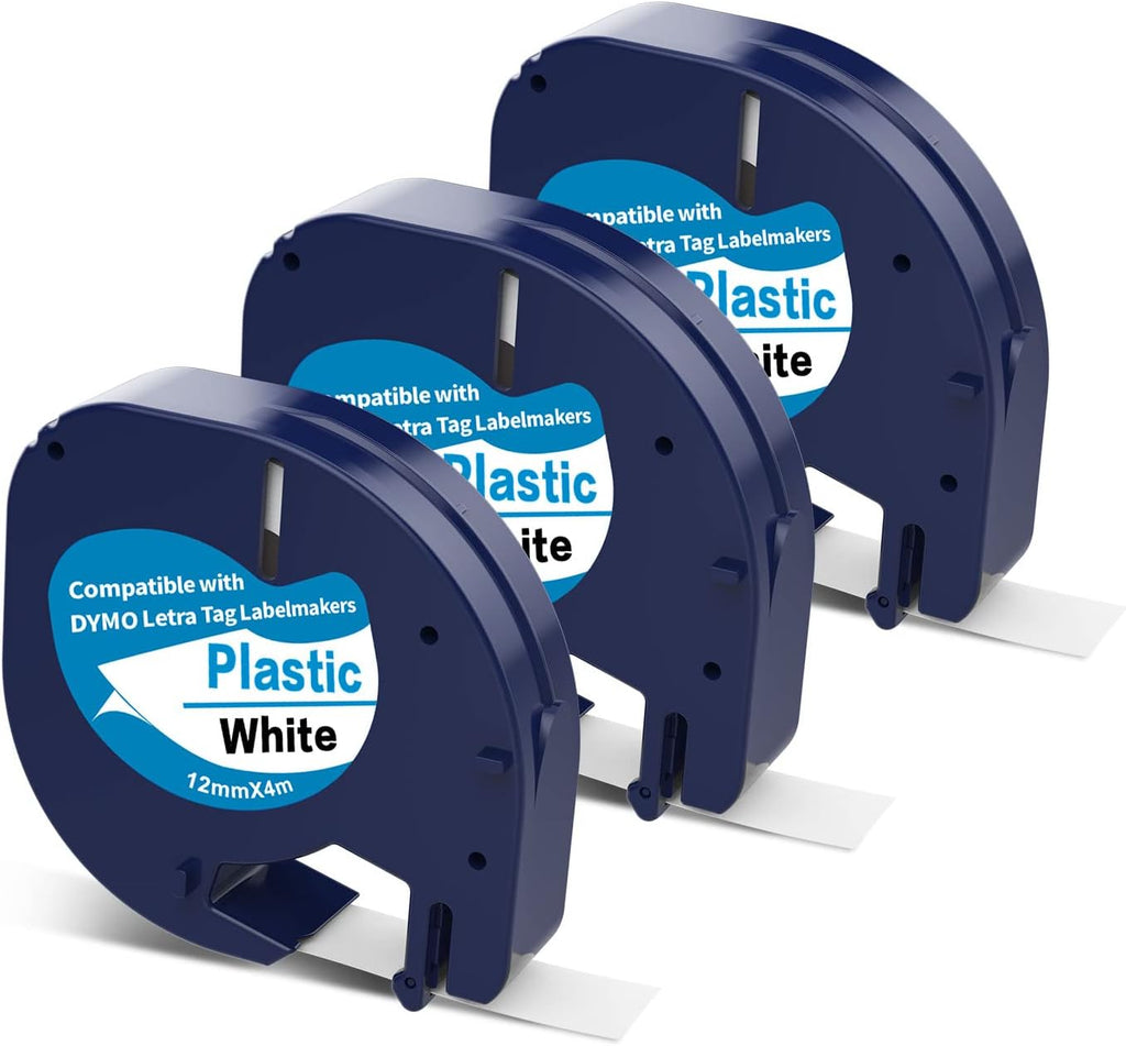 3 X 91331 White Plastic Label Tape Replacement for Dymo Label Maker Refills 12mm 1/2 x 13 Compatible with Dymo Letra Tag Label Maker Tape LT100H LT100T QX50