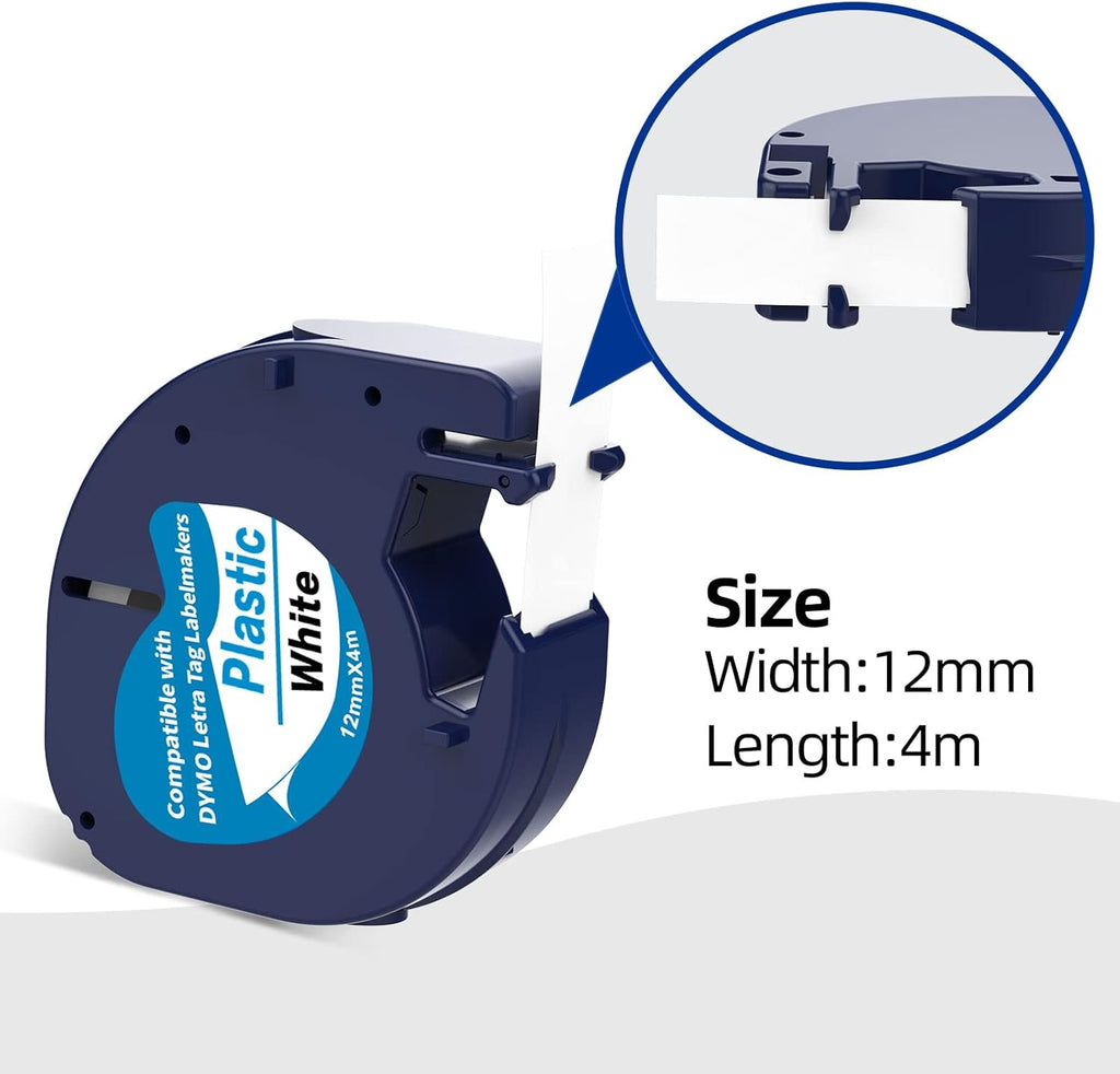 3 X 91331 White Plastic Label Tape Replacement for Dymo Label Maker Refills 12mm 1/2 x 13 Compatible with Dymo Letra Tag Label Maker Tape LT100H LT100T QX50