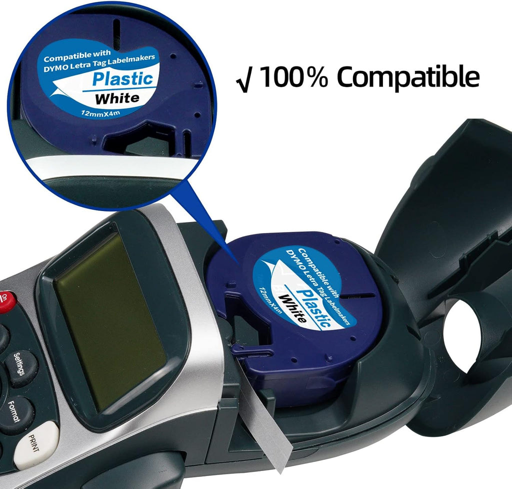 3 X 91331 White Plastic Label Tape Replacement for Dymo Label Maker Refills 12mm 1/2 x 13 Compatible with Dymo Letra Tag Label Maker Tape LT100H LT100T QX50