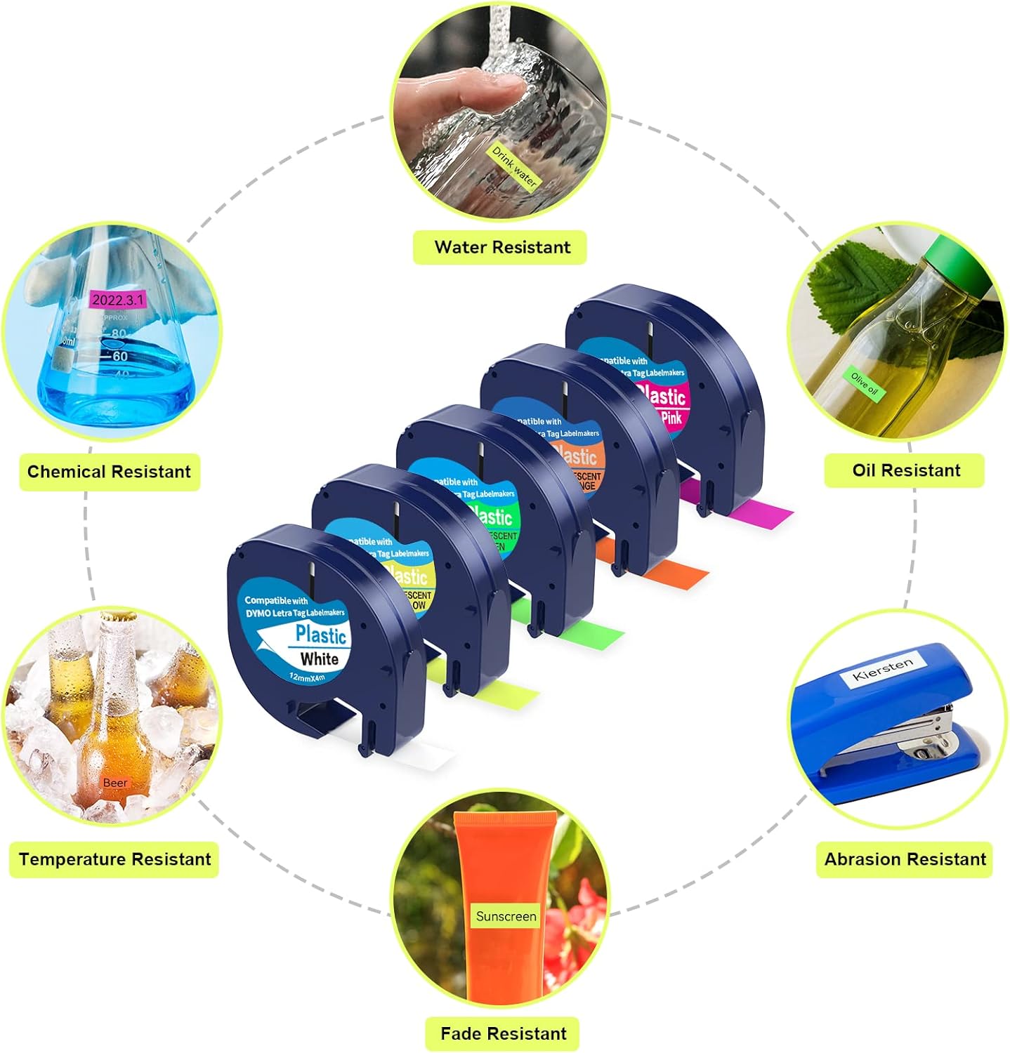 5 Pack Compatible with Dymo Letratag Refills Replacement for Dymo Label Maker Refills 12mm x 4m(1/2" x 13') Colored Plastic Label Tape for Letra Tag LT 100H 100T QX50 Handheld Label Maker Tape Refill
